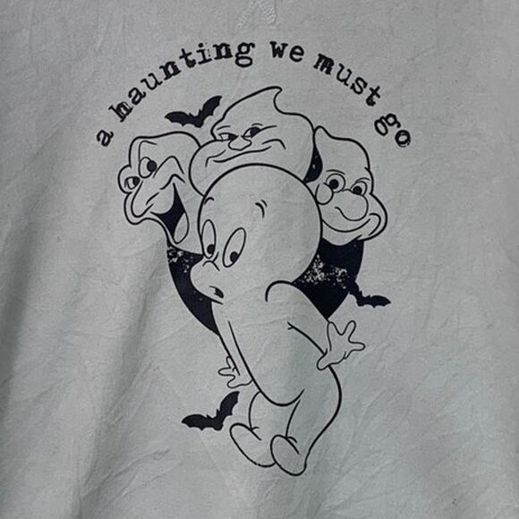 Upcycled Hand Printed Womens Large Casper Ghost A Hunting We Must Go Sweatshirt - Picture 2 of 4